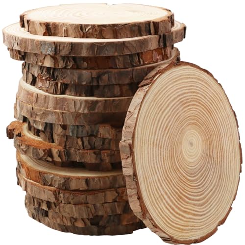 FSWCCK 17 PCS Unfinished Wood Slices for Centerpieces - 5.1-5.5 Inch,Round Natural Discs with Tree Bark, Wooden Cookies Ci...