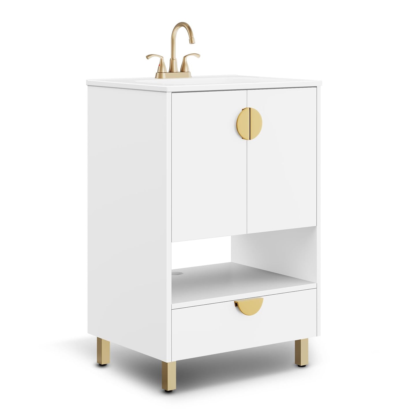 phiestina Fully Assembled 24 Inch White Modern Bathroom Vanity with Sink, Free Stading Vanity Cabinet for Bathroom with 2 Doors and 1 Drawer,Faucet Not Included,YMS02-24-WHITE-JH