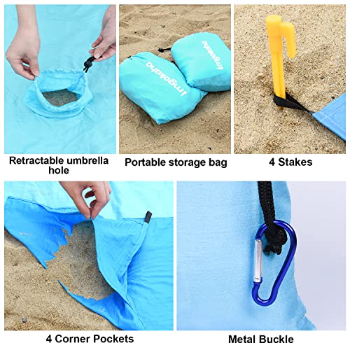 imgokaha Beach Blanket with Umbrella Hole, Large Beach Blanket Waterproof Sandproof, Comfortable Nylon Beach Mat Lightweig...