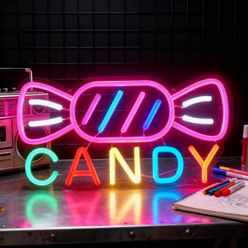 NAIYISI Candy Neon Sign for Wall Decor Candyland Party Decorations, Candy Bar Sign, Store Logo, Birthday Decorations, Cand...