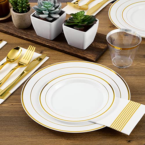 FOCUSLINE 600 Ct Gold Dinnerware Set for 100 Guests - Gold Rimmed Disposable Plastic Plates, Includes 100 Dinner & Salad P...