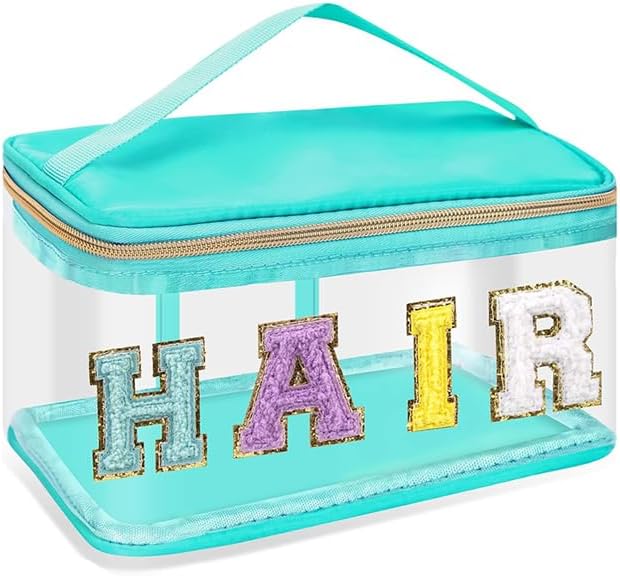 Chenille Letter Clear Makeup Bags Hair Pouch, Preppy Patch Makeup Bag Zipper with Handle, Transparent PVC & Nylon Waterpro...