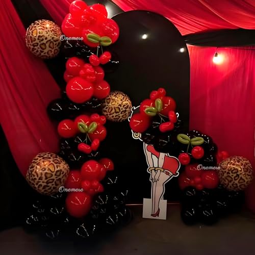 Onemere Red and Black Balloons Arch Kit 160pcs Cherry Birthday Decorations, 4pcs Foil Cheetah Print Balloons for Baby Show...