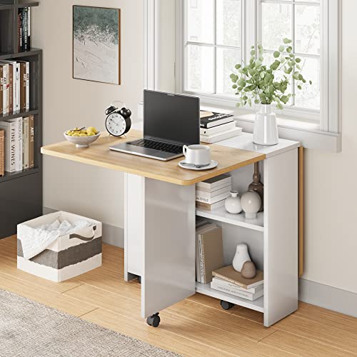 Space Saving Folding Dining Table with 2 Tier Storage-Extendable Drop Leaf Farmhouse Wood Kitchen Dining Room Tables Set f...
