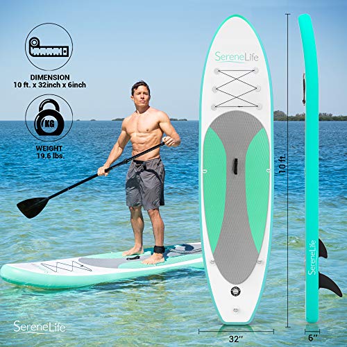 SereneLife Inflatable Stand Up Paddle Board (6 Inches Thick) with Premium SUP Accessories & Carry Bag | Wide Stance, Botto...