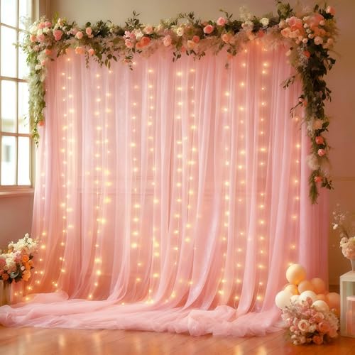 10x10FT Pink Wrinkle Free Backdrop Curtains with Lights String for Parties - Photo Curtain Backdrop with Lights for Weddin...