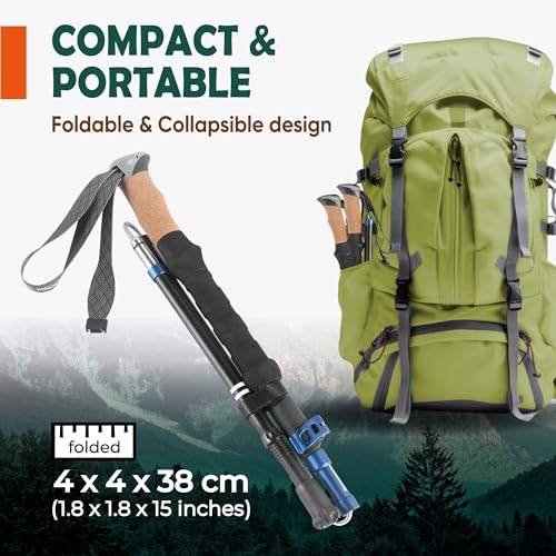 TREKOLOGY Trek-Z Cork Grip Trekking Poles Bundle with 6 Rubber Tip Replacements – Lightweight Folding Hiking Poles, Adjust...