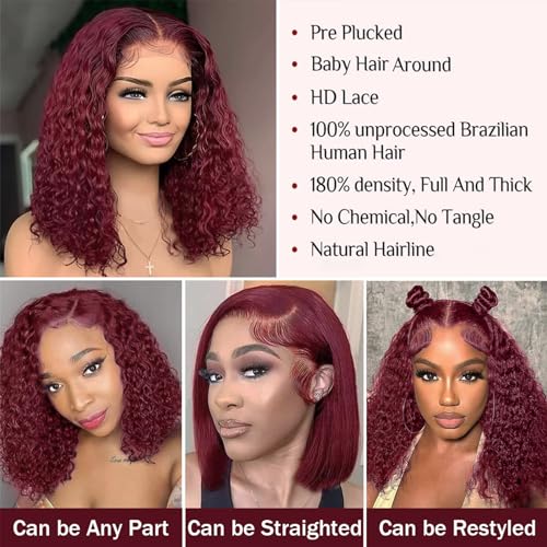 14 Inch 99J Burgundy Deep Wave Curly Bob Wig for Black Women 180% Density Human Hair 13x4 HD Lace Front Wigs