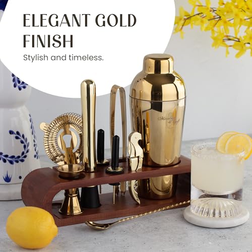 Mixology & Craft Cocktail Shaker Set with Dark Bamboo Stand - Professional 10-Piece Bartender Kit - Complete Bar Set & Coc...