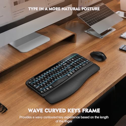Wireless Keyboard and Mouse Combo, Wave Keys Full-Sized Ergonomic Keyboard with Cushioned Plam Rest, Phone Holder, Comfort...