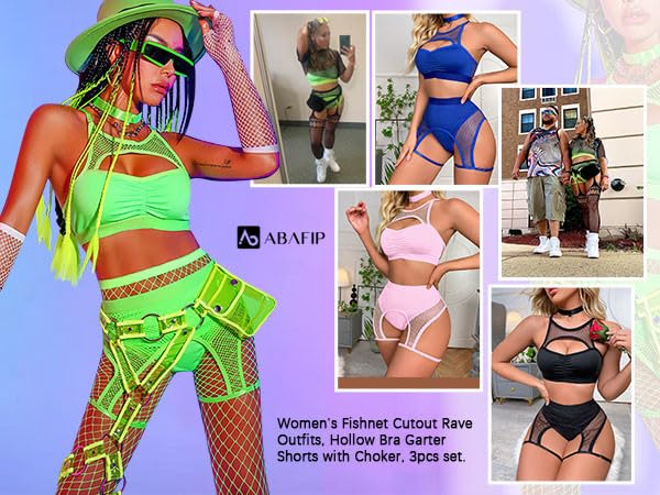 Women Rave Outfits Cutout Fishnet Top Booty Shorts Bottom Choker 3Pcs Babydoll Nightwear Festival Lingerie
