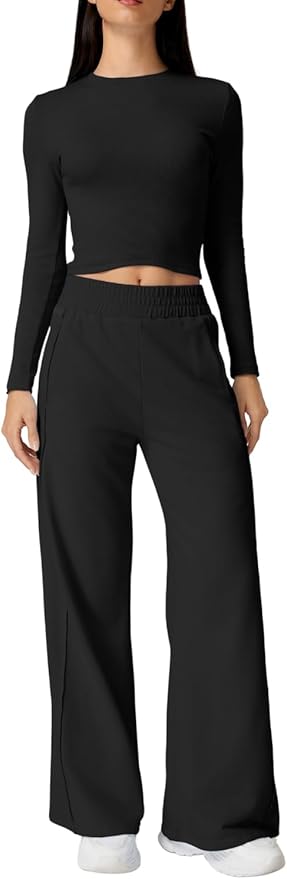 QINSEN Womens 2 Piece Sets Long Sleeve Slim Fit Crop Tops Wide Leg Pants Matching Lounge Set