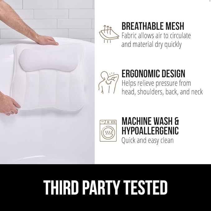 GORILLA GRIP Bath Pillow for Tub with Powerful Suction Cups, Headrest Pillows for Neck and Back Support, Machine Wash, Bathtub and Hot Tub Accessories, Relaxing Spa Gift Essentials for Women, White
