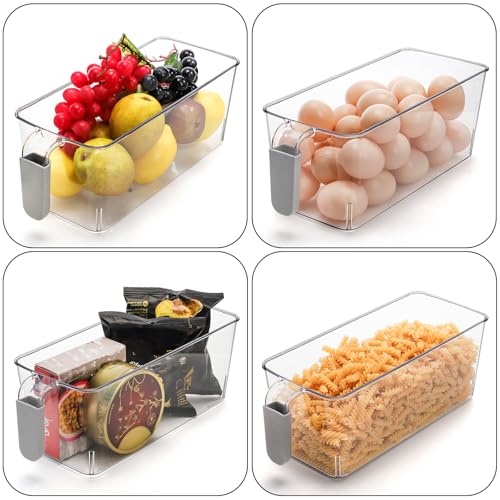 Pumtus 4 Pack Clear Ice Bins for Freezer, Plastic Ice Bucket with Flexible Scoop & Ice Tong, Pull Out Handle Ice Containe...