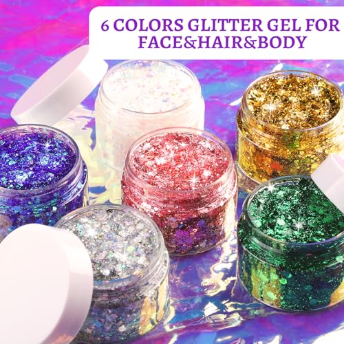 FANDAMEI Body Glitter Gel- 6 Color Glitter Makeup Face Paint for Body&Face&Hair, Rave Festival Mermaid Halloween Concert, ...