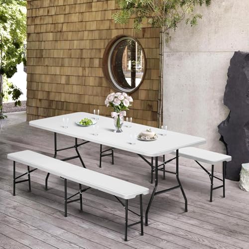 SAVWAY 6 Feet Picnic Table Set with 2 Benches, 6ft Folding Camping Table Chair Set for Indoor Outdoor Use, 3-Piece 6 ft Po...