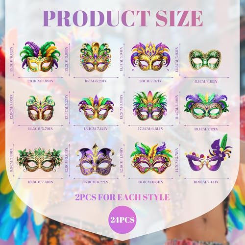 MOSIOBERDAVIAN 24 Pcs Mardi Gras Masks Bulk Paper Masquerade Masks Pack Vintage Carnival Mask for Masquerade Party Supplie...