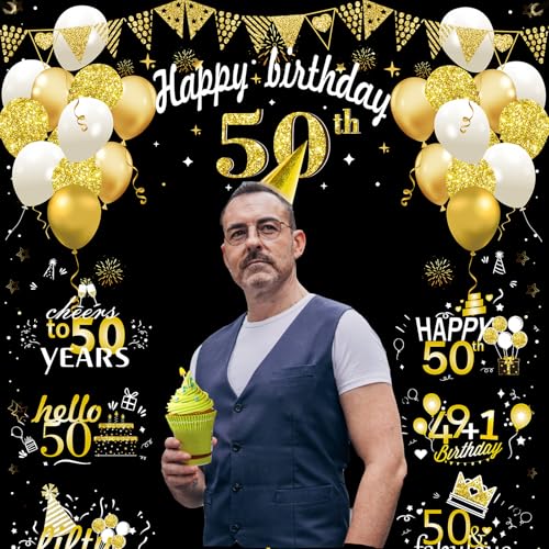 Large 50th Birthday Decorations, Big 50 Birthday Banner for Women Men, Black Gold Funny Fifty Years Bday Photo Booth Props...