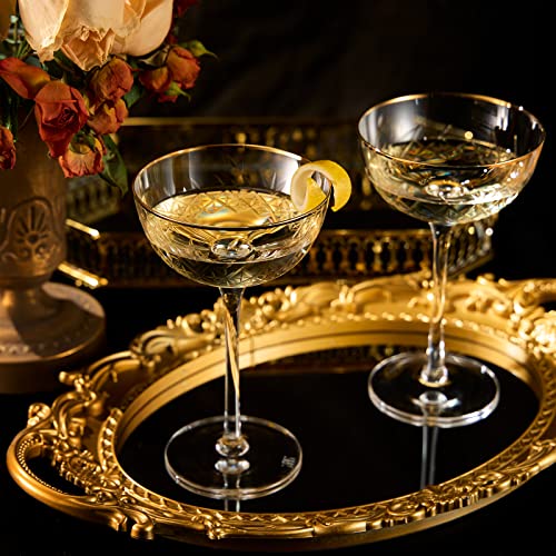 Vintage Art Deco Luxury Coupe Glasses, Cocktails, Martini, Margarita, In Premium Gift Box 24K Gold Rim | Set of 2 | 8 oz C...