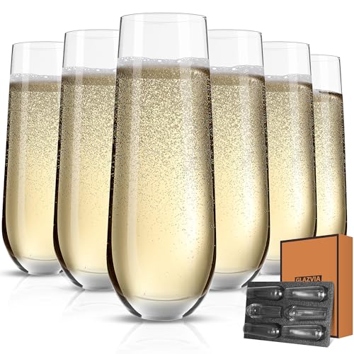 GLAZVIA Stemless Champagne Flutes Glasses Set of 6-10oz Elegant Crystal Champagne Glass, Classic Clear Flute Gift for Wedd...