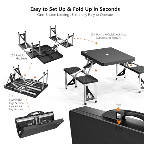 VINGLI 4Ft Portable Folding Picnic Table Camping Table Foldable Set with 4 Seats with Umbrella Hole Suitcase Card Table-22...