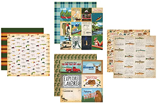 Fishing Scrapbook Paper 12x12 Inch - Outdoor Scrapbook Paper with Fishing Pole, Fish, Outdoor Adventure Theme | Camping Sc...