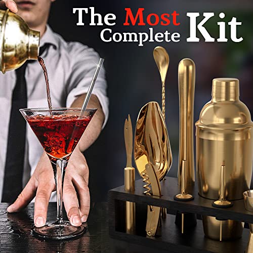 Highball & Chaser Bartender Kit with Espresso Bamboo Stand. Beautiful Cobbler Cocktail Shaker Set with Bar Tools Rustproof...