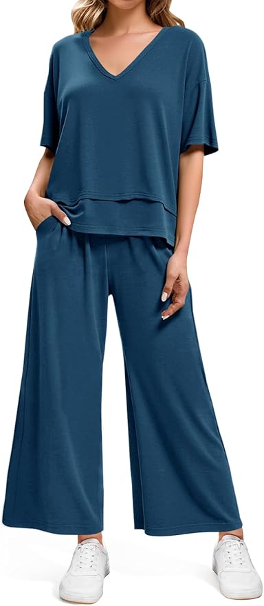 Tankaneo Womens 2 Piece Sets Casual Tracksuits Short Sleeve Tops Wide Leg Pants Outfits Lounge Sets
