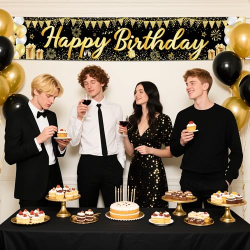 Happy Birthday Banner - Black and Gold Happy Birthday Decorations,118x20 Reusable Birthday Decorations for Women Men Boys ...