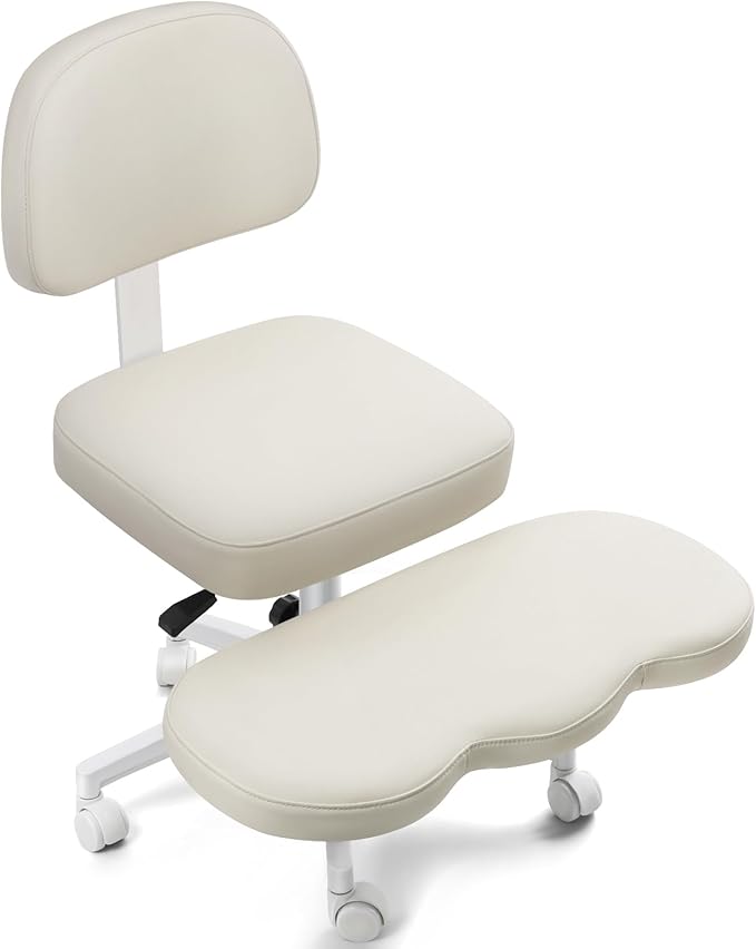 Qmetalart Cross Legged Office Chair,ADHD Friendly,Comfortable Meditation Criss Cross Chair with Wheels,Kneeling Chair for Home,Office,Adults,Teenagers,Fidgety Sitters,Posture Improvement,Cream White
