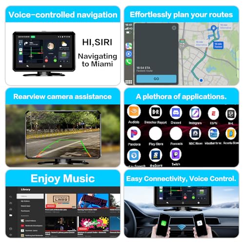 Wireless CarPlay Screen 7" with Voice Contro, Portable Car Stereo with Apple CarPlay, Bluetooth 5.0,Mirror Link,GPS Naviga...