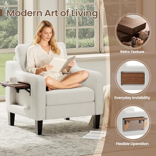 Accent Chair for Living Room Modern Linen Upholstered Armchair Side Wooden Fabric Sofa Chair with Foldable Table 2 Side Po...