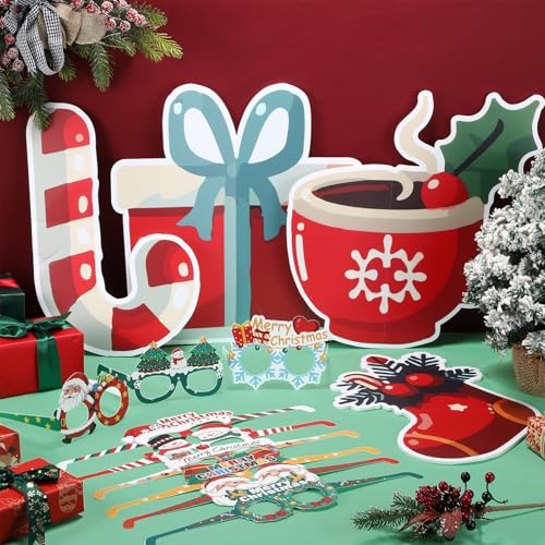 Thyle 13 Pcs Christmas Photo Booth Props Large Candy Cane Decorations Gift Box Stocking Christmas Party Decorations Paper ...