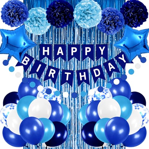 Iysoll Blue Birthday Party Decorations for Boys Men Happy Birthday Banner Balloons Navy Royal Light Blue Pom Poms Foil Cur...