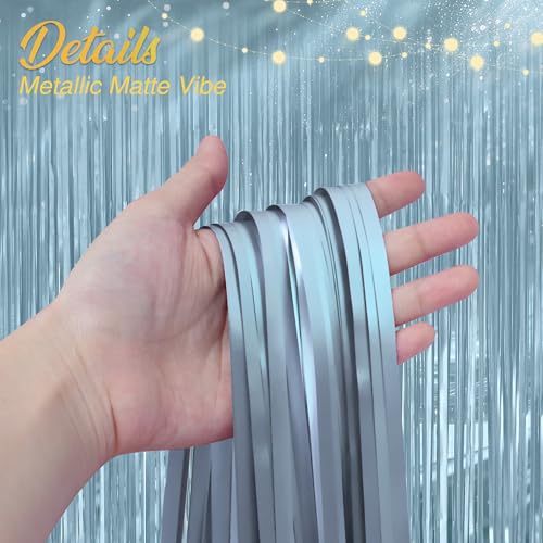 2 Pack Metallic Light Blue Fringe Backdrop, 3.2x8.2ft Shining Foil Tinsel Curtains, Birthday Party Decorations Door Stream...