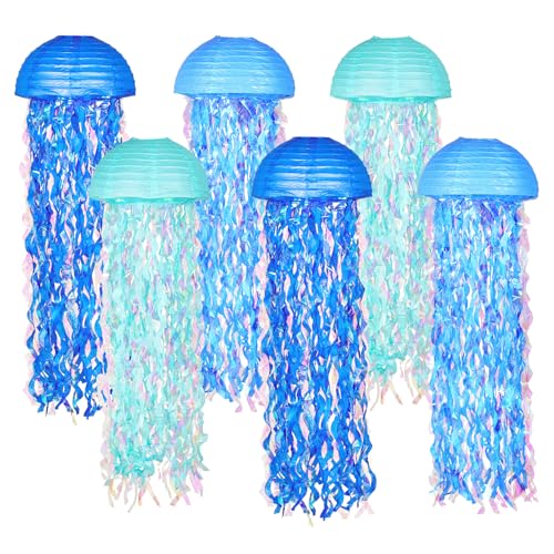 OBXT 10" Blue Hanging Jellyfish Paper Lanterns - Under the Sea Party & Mermaid Birthday Decorations, Baby Shower, Nautical...