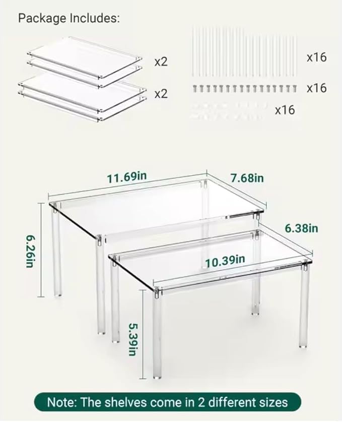 Acrylic Cabinet Shelf Organizer Set of 4 Spice Rack, Desk, Countertop Shelf, Bathroom, Pantry, Kitchen Storage, Refrigerator and Organization Stackable Shelves