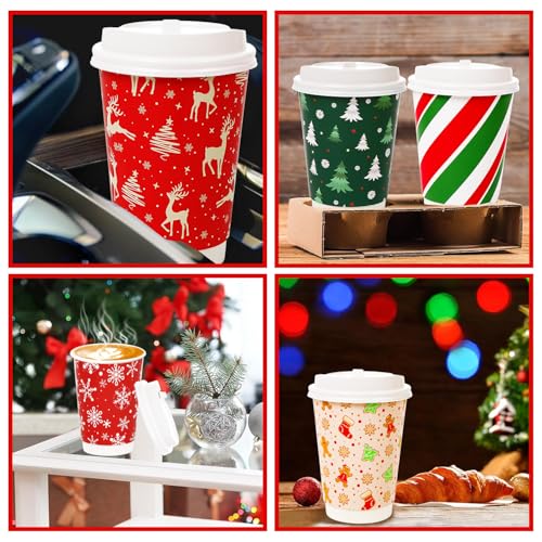 FULJOOY 100 Sets Snowflake Gingerbread Man Christmas Tree Candy Disposable Coffee Cups with Dome Straws Sleeves 12 oz Pape...