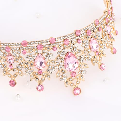 CIEHER Pink Crown Crystal Tiaras for Women Princess Crown Pink Tiara for Birthday Wedding Halloween