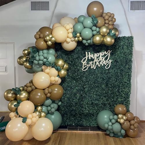 60 PCS Sage Green, Gold, Brown Latex Balloons - Woodland Camo Army Olive Green, Dark Brown, Coffee Nude Gold Party Balloon...