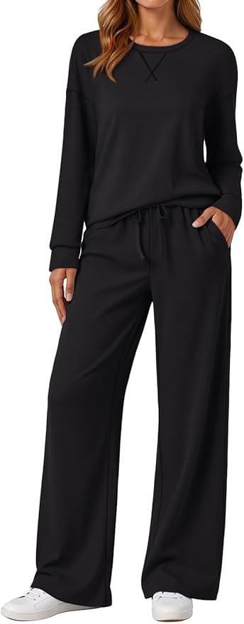 AUTOMET Womens Sweatsuits 2 Piece Sets Travel Outfits 2026 Fall Matching Lounge Set Oversized Sweatshirt Wide Leg Pants