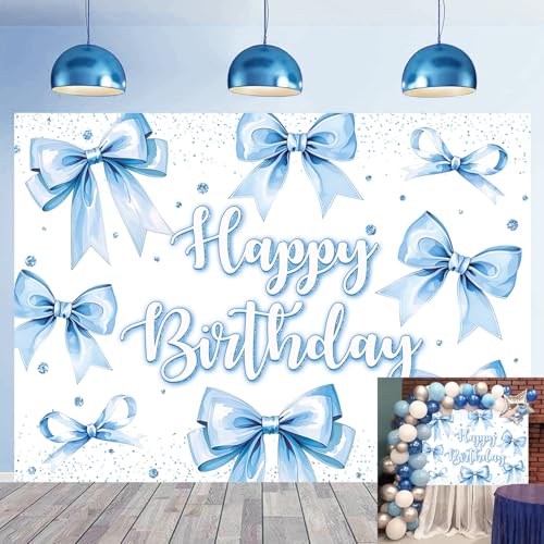 Bow Birthday Backdrop Banner Blue Bow Birthday Glitter Photography Background for Girls Women Bday Party Decorations Baby ...