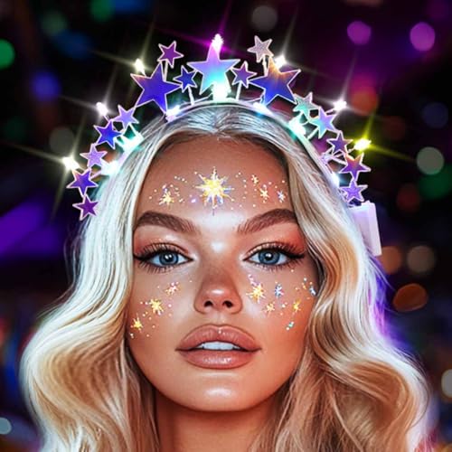 DRESBE Light Up Colorful Star Headband New Year LED Stars Headbands NYE Glow Party Hair Accessories for Women (Silver)