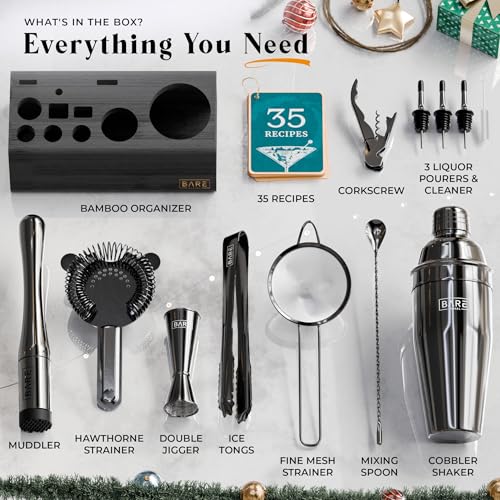 BARE BARREL® Mixology Bartender Kit Bar Set | 14-Piece Cocktail Shaker Set | Martini Barware Mixing Tools for Home Bartend...