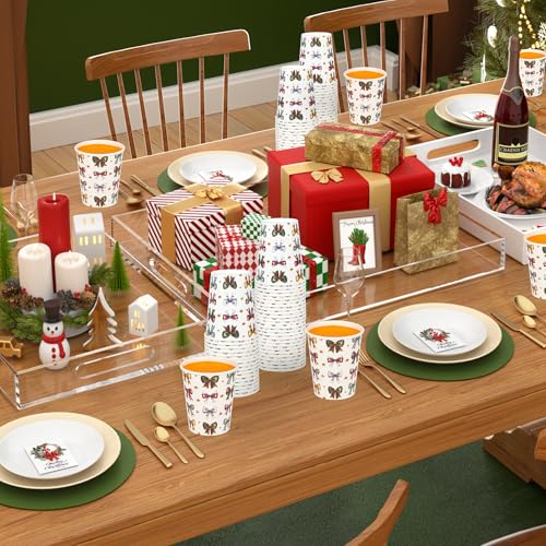Houuqe 100 Pcs 9 oz Christmas Ribbons Bows Paper Cups Disposable Coquette Bowknot Coffee Cups Hot Cocoa Chocolate Paper Cu...