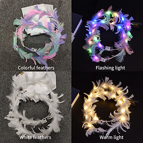 6 Pack Flower Crown, Feather Crown Headband Luminous with 10 LED Lights, Light Up Headdress with Color Changing LED Light...
