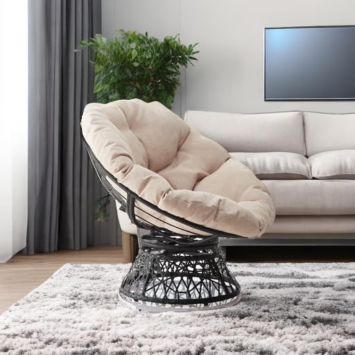 Bme 40" Ergonomic Wicker Papasan Chair with Soft Thick Density Fabric Cushion, High Capacity Steel Frame, 360 Degree Swive...
