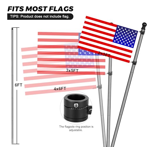 Msnaile 6FT Carbon Fiber Flag Pole, Flagpole for Outside House, Porch Flagpoles, Tangle Free Black Flag Pole Kit, Wind-Res...