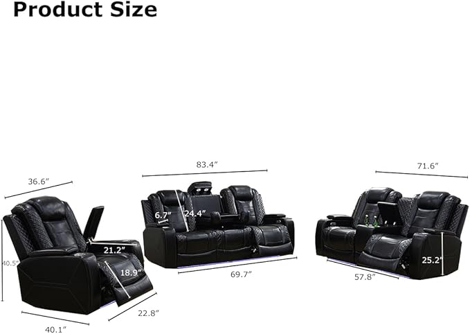 Toseslo Power Recliner Sofa and Loveseat Set, Black Leather Reclining Sofa Sectional Couches with Drop-Down Table, Living Room Furniture, Reclining Sofa with Cup Holders/Storage Console for House