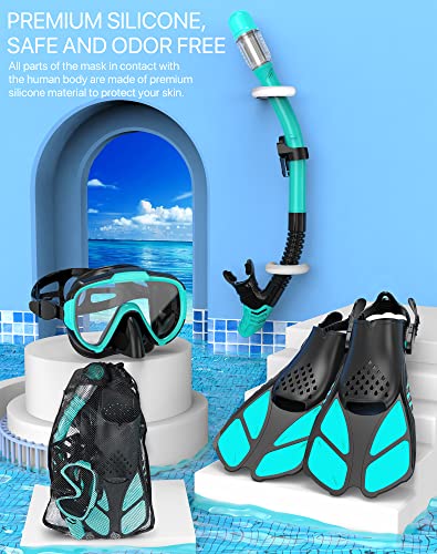 Ubekezele Snorkeling Gear for Adults Men Women,4 in 1 Snorkel Set with Panoramic View Diving Mask Anti-Fog Anti-Leak,Dry T...